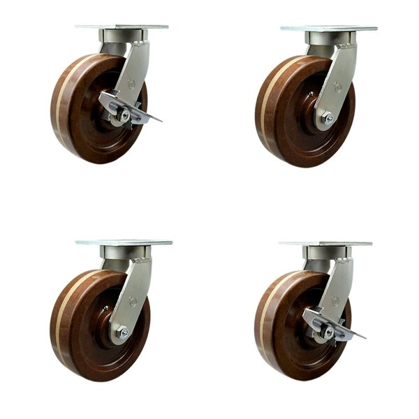 Service Caster 8'' Heavy Duty High Temp Phenolic Swivel Caster Set 2 Swivel Locks 2 Brakes, 4PK CRAN-SCC-KP92S830-PHRHT-BSL-2-SLB-2 - main